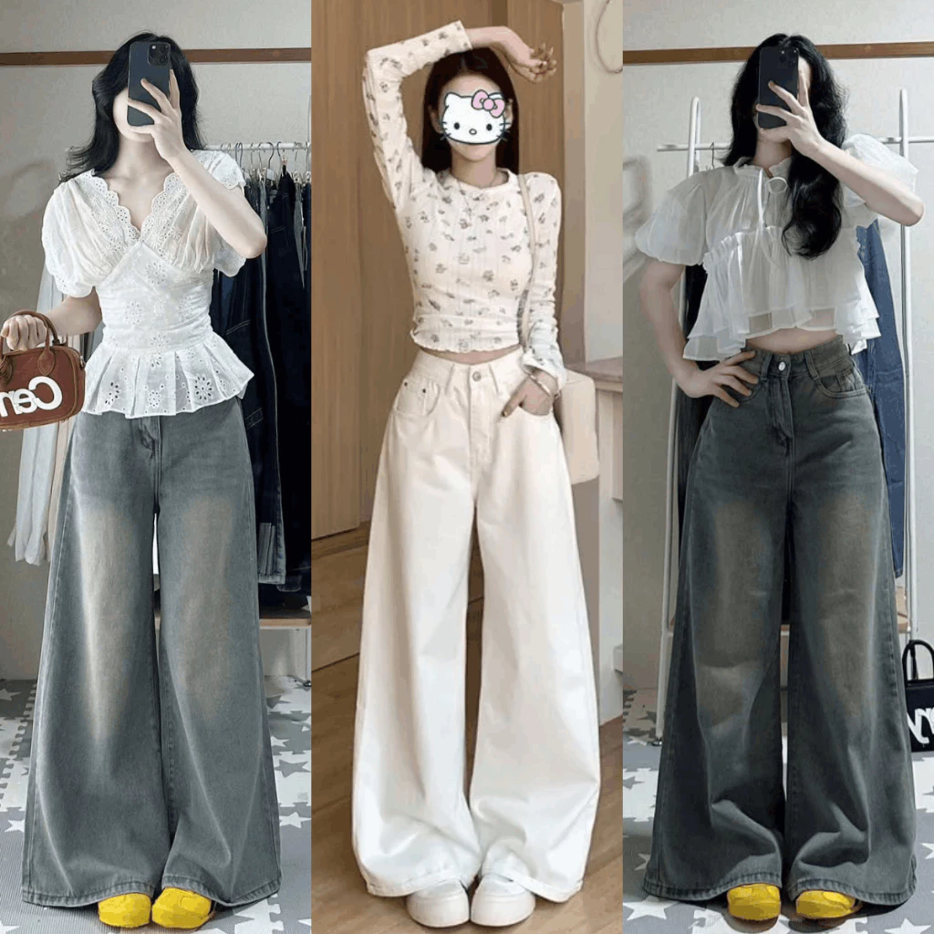 Quần Jean Suông Xanh Xám Ống Rộng 30-33CM Cạp Cao Màu Wash Retro